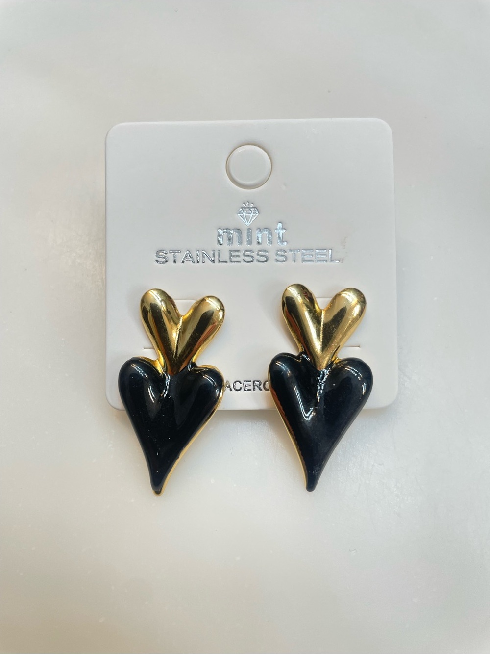 Mint Gold and Black Double Heart Drop Stainless Steel Earrings